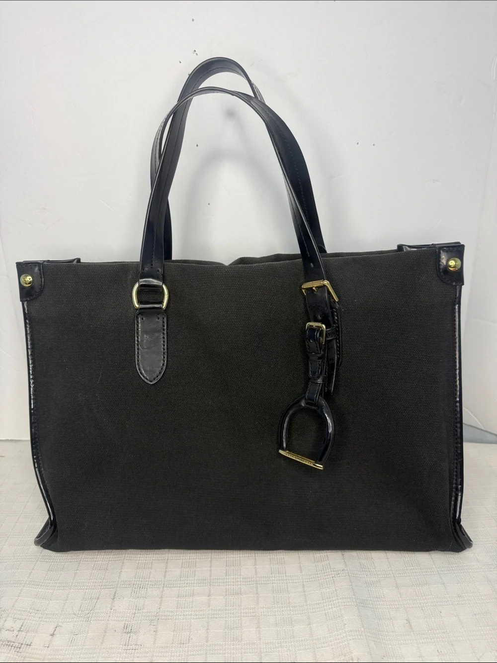 Classic Black Canvas Tote Bag with Leather Handles